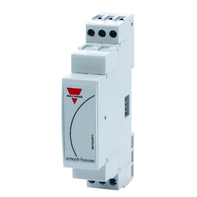 Carlo Gavazzi SH1DUPFT DIN-skinnestartmodul for Smart Dupline-buss, vist skrått forfra med synlige tilkoblinger.