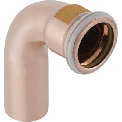 Geberit Mapress kobberbøjning på 22 mm med 90° vinkel, set skråt med muffeåbningen tydeligt synlig.