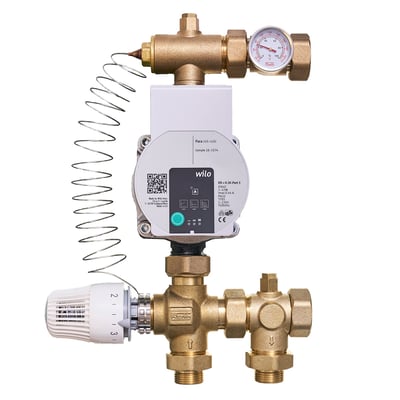 Roth GV-shuntmodul med Wilo Para pumpe og termostatisk ventil, fremstillet i messing med en tydelig termometer og 20-70°C temperaturområde.