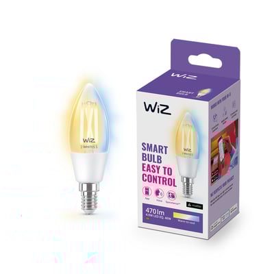 WiZ LED kertepære i klart glas med synlige filamenttråde, vist ved siden af dens WiZ Smart Bulb emballage.