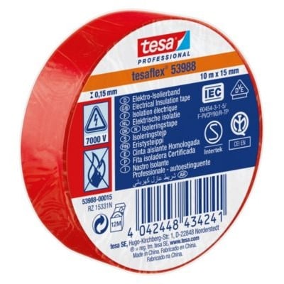 Rød Tesa Isoleringstape Tesaflex 53988, 15 mm x 10 meter, PVC, med diverse godkendelser og specifikationer trykt på rullen.