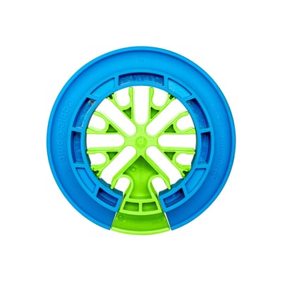 Prysmian kabelorganiser til op til 24 datakabler, vist som et rundt, todelt værktøj i blå og grøn plast.
