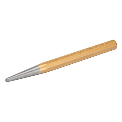 Bahco kørner 4mm x 120mm med skråtstillet spids og ottekantet skaft i gylden messingfarve, vist fra siden.
