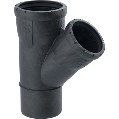 Geberit Silent-Pro grenrør 45° med dimensionerne 90x90 mm i mørkegrå plast med en let tekstureret overflade.