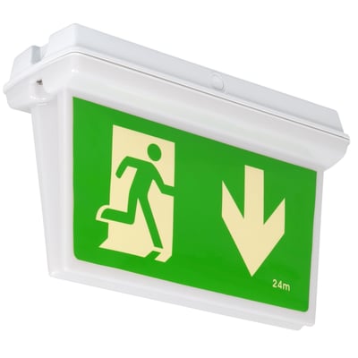 NVC Lighting Nebraska "drop down" nødbelysningsarmatur med grønt piktogram af løbende person og pil ned.