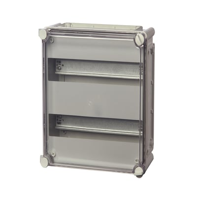 Fibox DIN-skinnekasse JBJD-2 komplet med to DIN-skinner og klar plastlåg, viser grå bagplade og skruehuller.