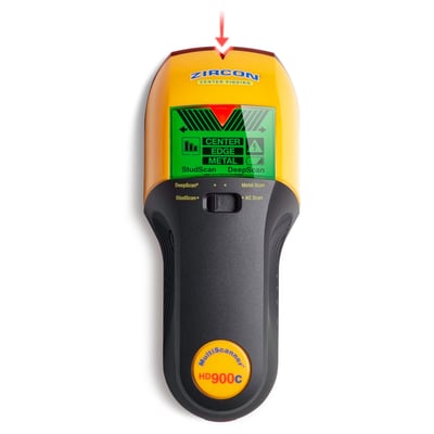 Elma Instruments Zircon Multiscanner HD900C, et gult og sort søgeværktøj med digitalt display, der viser center finding og metalscan.