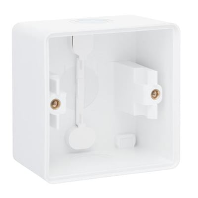 Niko Hydro stænktæt underlag i hvid, 1-modul, med synlige membranindgange og monteringsbeslag, IP55 klassificeret.