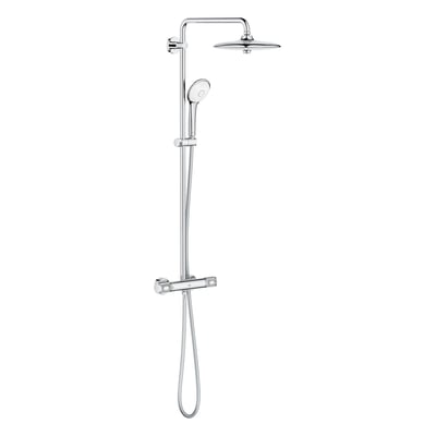 GROHE Euphoria 260 dusjsystem i krom med rund takdusj, hånddusj, dusjarm og termostat.