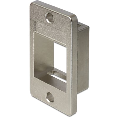 DeLOCK Keystone-modulholder i sølvfarget metall sett skrått forfra med en tom Keystone-åpning og plass til navneetikett.