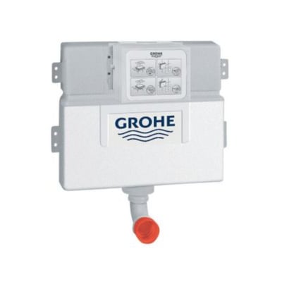 Grohe indbygningscisterne til vægmontering med justerbar 6-9 liters skyl, hvid med Grohe logo og rød endestykke på afløbsrøret.