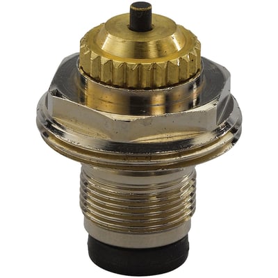 Uponor RWG ventilinnsats til tur på eldre Wirsbo-fordelerør, sett forfra med gjenger, sekskant og svart stift.