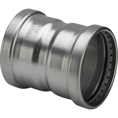 Viega G1 Sanpress Inox XL dobbeltmuffe i rustfrit stål med dimensionerne 88,9 x 88,9 mm på hvid baggrund.