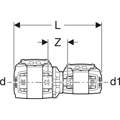Teknisk tegning af Geberit FlowFit reduktion, sort PPSU, med dimensioner L, Z, d=25 mm og d1=16 mm.