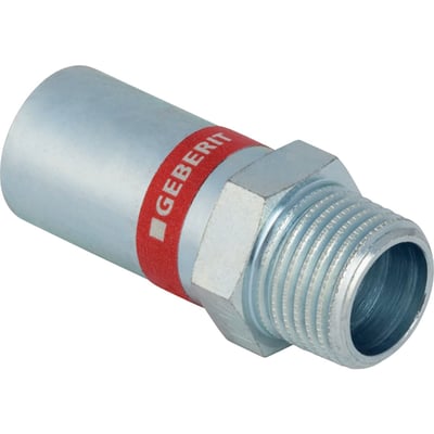 Geberit Mapress FZ overgang 18mm x 1/2" med el-forzinket stålfinish og rød Geberit-mærket tape.