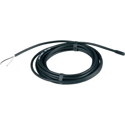 DEVIreg™ følerkabel i sort plast med hvide ledningsender og kabelbindere, egnet til el-gulvvarme.