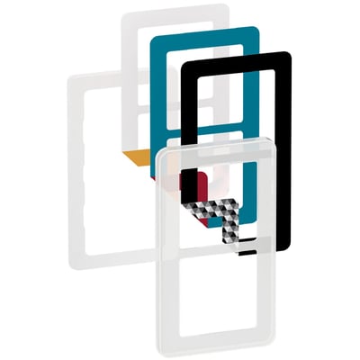 Lauritz Knudsen LK FUGA Choice designramme, 2 modul, med 4 forskellige farvevalg vist som overlappende rammer.