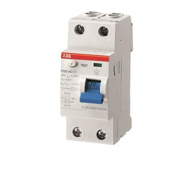 ABB 2-polet HPFI-afbryder 25A/30mA til 230V-systemer, model F202A, med tydelig testknap og blå afbryder.