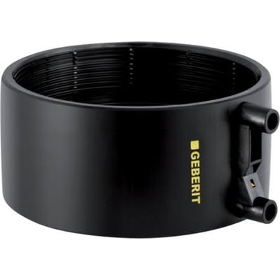 Svart Geberit EL-sveisemuffe i PEH med synlige tilkoblingsdeler, Ø 56 mm, sett skrått fra siden.