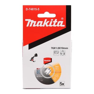 Makita skæreskive 76x1.0x10mm INOX pakke med 5 stk til stål og rustfri stål på hvid baggrund.