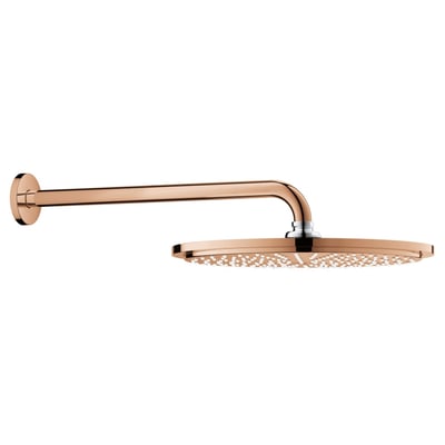 Grohe Rainshower Cosmopolitan 310 mm hovedbruser med 380 mm brusearm i poleret Warm Sunset kobberfinish på hvid baggrund.