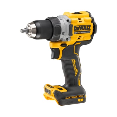 DeWalt 18V XR bore-/skruemaskine DCD800NT-XJ med 90 Nm drejningsmoment og kulløs motor, præsenteret på hvid baggrund.