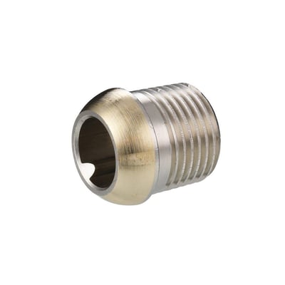 Detaljeret vinkel af Danfoss nippel 013L0443, viser 3/8" R gevind og den forniklede overflade.