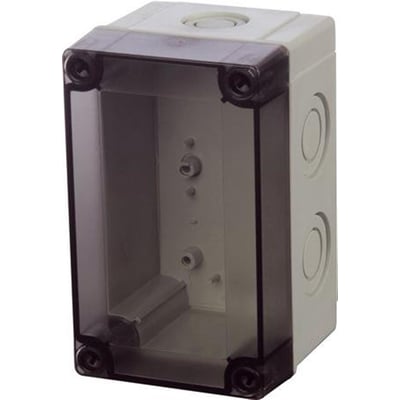 Fibox MNX elektrisk kapsling med lukket transparent dæksel, lys grå polycarbonat, dimensioner 130x80x75mm, vist fra siden.