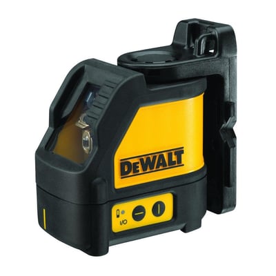 DeWalt DW088K krydslinjelaser i sort og gult design med synligt DeWalt logo og betjeningsknapper.