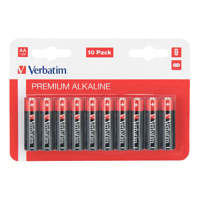 Verbatim alkalinebatteri AA/LR6 på 1,5 V i sort og rød, vist i rød og hvid blisteremballage.