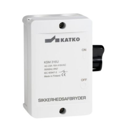 Katko KSM425U 4-polet sikkerhedsafbryder på 25A med sidebetjening i hvidt polycarbonat med mærkater for ON/OFF og IP67.