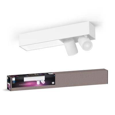 Philips Hue Centris loftlampe i hvid med to justerbare spots og en integreret lysstribe, præsenteret med dens emballage.