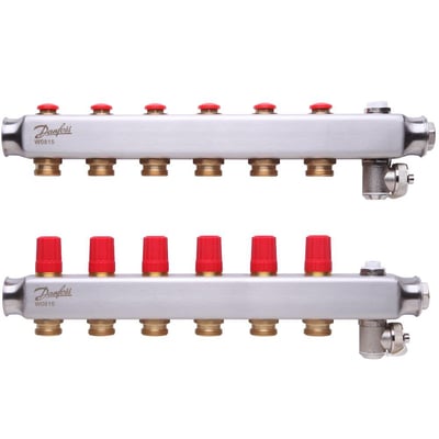 To separate Danfoss SSM manifoldsæt i rustfrit stål, hver med 6 udtag og røde manuelle ventiler.