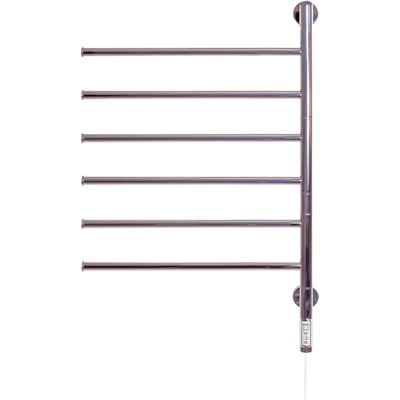 Kriss Tinto håndklædetørrer med 6 polerede rustfri stålarme, 82,5 cm høj og 54,5 cm bred, vist frontalt med kontrolpanel og kabel.