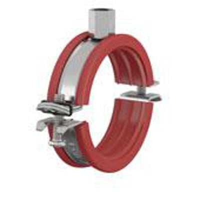 Flamco BSM-S rørklammer for 40-44 mm rør med rød isolasjon og to synlige metallspennskruer.
