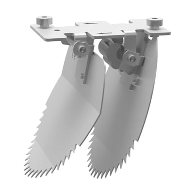 Nordisk Innovation spjæld til TX11 Lock universal rottespærre, 150/160 mm, vist isoleret med dobbelt klinge og savtakket kant.