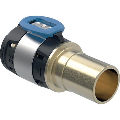 Geberit FlowFit overgang til Mapress i blyfri rødgods med 20mm nippel og blå presindikator.