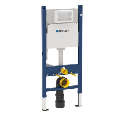 Geberit Duofix WC-element monteringsramme med indbygningscisterne, vist forfra med blå stålramme og hvid cisterne.