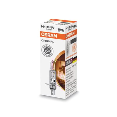 En Osram Original LINE H1 24V 70W halogenpære i sin originale emballage, fremstillet i Tyskland.