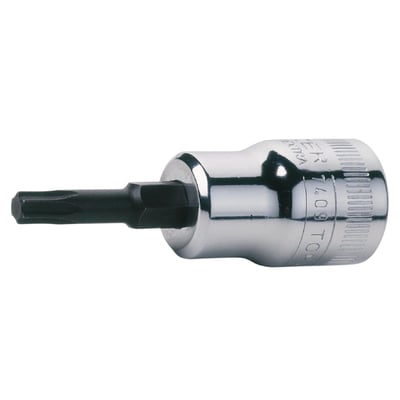 Bahco T40 Torxtop med 3/8" firkant, lang model i højglanspoleret stål og med sort TORX-spids.