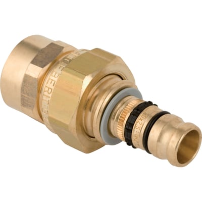 Geberit RG Mepla-union med muffe, 26 mm x 3/4", sett skrått med sekskantet overfallsmutter og åpne ender.