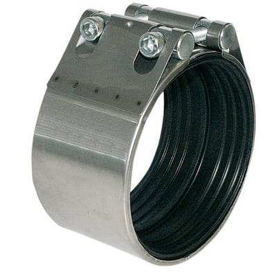 Isiflo VonRoll jetkobling i rustfrit stål til 75-83mm rør, DN80, vist med synlige bolte.