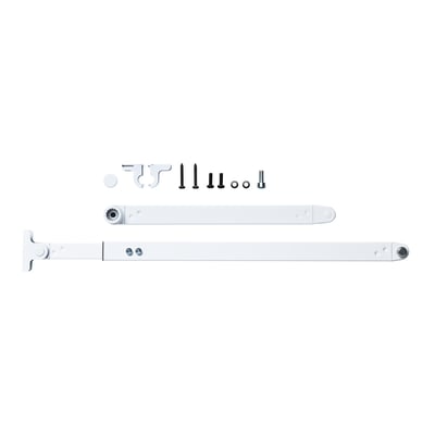 Hvid normal arm til Dorma ED 100/250 døråbnere, 225-500 mm, med diverse monteringsdele arrangeret ovenover.