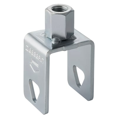 Geberit Pluvia opphengsdel med M10-muffe og diameter 30 mm, sett skrått forfra med to åpne festeben.