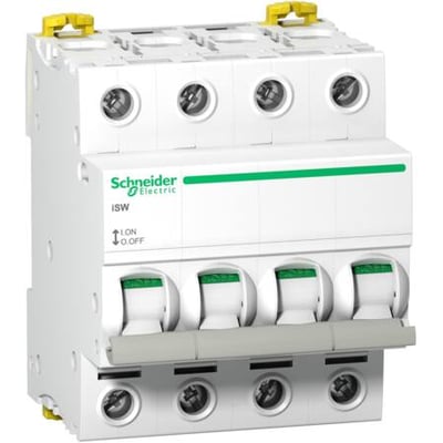 Schneider Electric iSW lastafbryder, 4-polet, 40A, 415V AC, hvid, isolationsbryder med tydelige ON/OFF mærkninger.