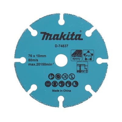 Makita Carbide Multi skæreskive D-74837, 76x10mm, velegnet til epoxy og PVC, med specifikationer og symboler.