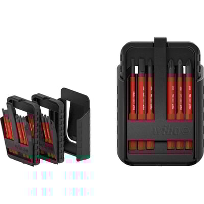 Wiha slimBit-boks med 12 VDE-godkendte bits til 1000V arbejde, vist åben og lukket på hvid baggrund.