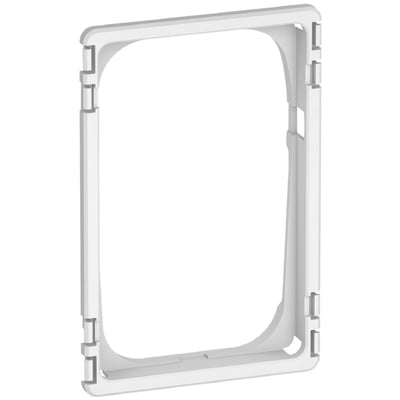 LK FUGA teknisk monteringsramme til 1½ modul Slim designrammer i lysegrå plast, med synlige clips til fastgørelse.