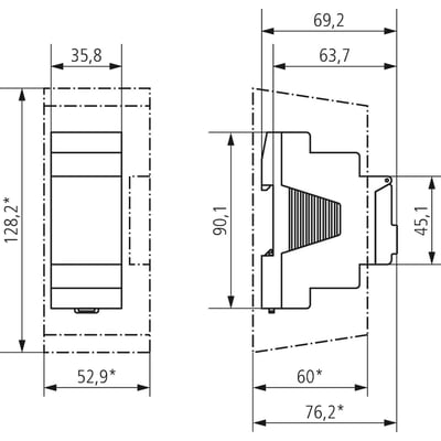 Teknisk tegning af Theben Simplexa 602 Top kontaktur med dimensioner i mm for montering og placering.