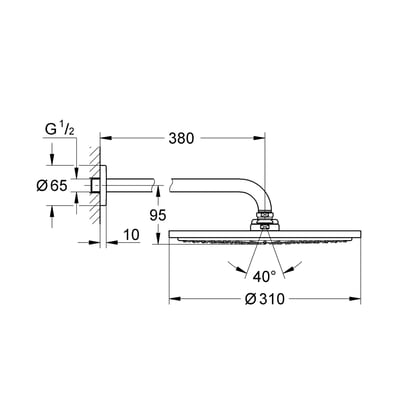 Teknisk tegning af Grohe Cosmopolitan hovedbruser, viser dimensioner for brusearm, diameter og tilslutning med målinger i mm.